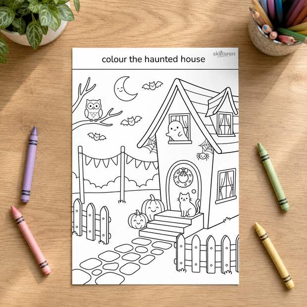 A printed coloring page surrounded by crayons