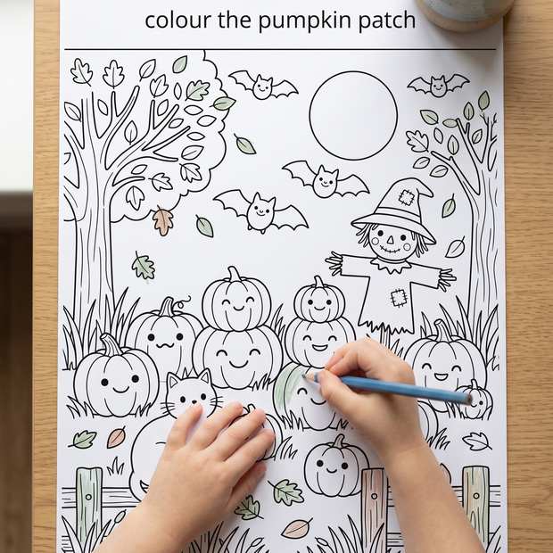 A child coloring a printed SkillsRen worksheet