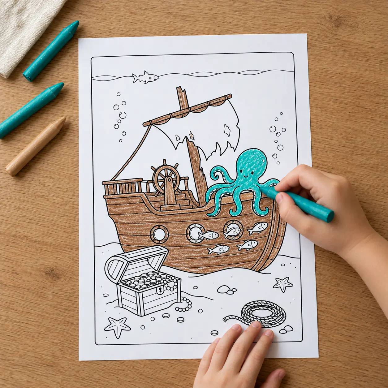 Child Coloring a Pirate Ship Adventure